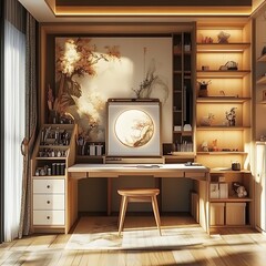Minimalist Home Office with Warm Wood Tones and Natural Light.