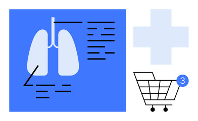 Lung diagram with annotations, medical cross symbol, and shopping cart with notification bubble. Ideal for healthcare, online medical services, e-commerce, respiratory health education, telemedicine
