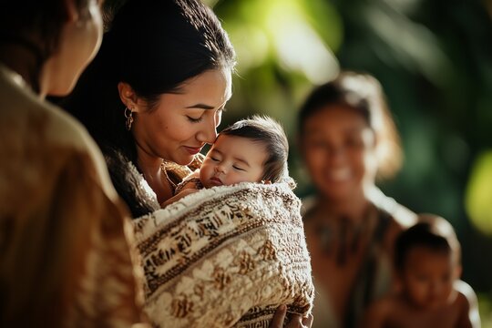 A Māori woman holding her newborn, both wrapped in traditional woven blankets, surrounded by family members: A tender scene celebrating new life and community support