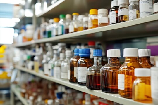 Laboratory Bottles on Shelves in a Scientific Setting