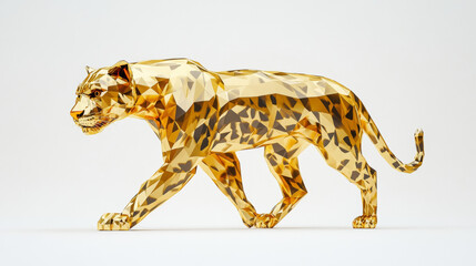 3D abstract low-poly golden leopard made of geometric shapes white background. deformed cool robotic animal fashion wallpaper