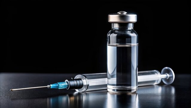 Single testosterone steroid vial with syringe on black background, anabolic steroid for muscle growth