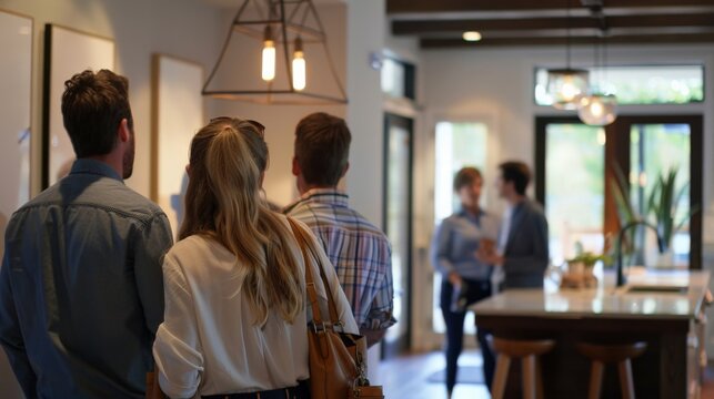 Open house event with potential buyers touring a new property