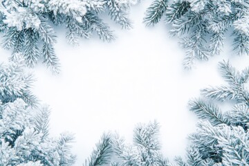 Obraz premium A stunning aerial view of a snow-covered pine tree, its branches laden with white, set against a pristine white background, evoking tranquility and winter beauty.