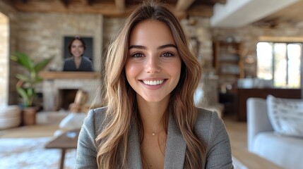 Fototapeta premium Young woman with long hair in a cozy living room, smiling confidently at the camera while showcasing a warm and inviting atmosphere with stylish decor