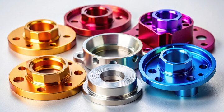 Aluminum machined parts with anodized finish, created using CNC machine in milling industry, aluminum