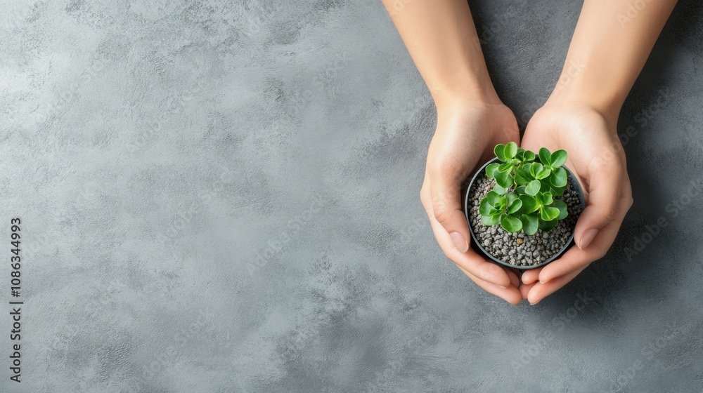 Poster a pair of hands carefully cradles a small seedling in a pot, showcasing a nurturing connection to na