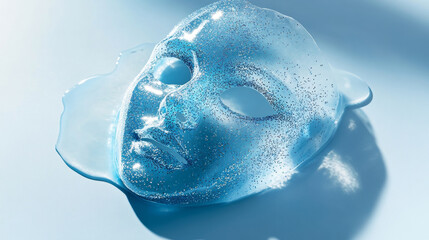 Naklejka premium 3D sample for water gel facial mask with glitter fashion shiny futuristic background. poster for skin care applying procedure cosmetology cosmetic beauty spa salon relaxing blue silver post