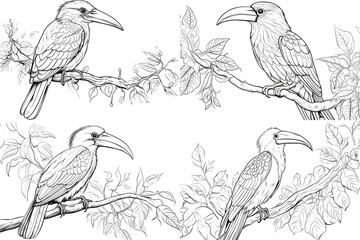 Naklejka premium bird, animal, nature, flying, wildlife, illustration, wing, design, vector, feather, silhouette, beak, colourful, flight, horizontal, no people, art, black, blue, sky, tree branch, beautiful, freedom,