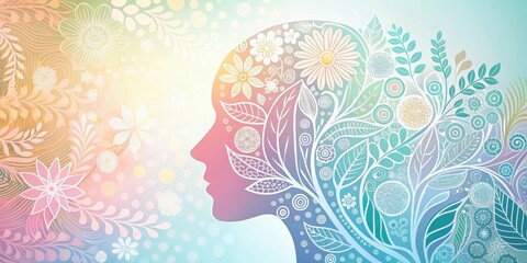 Delicate silhouette representing mental health surrounded by soothing patterns and pastel colors