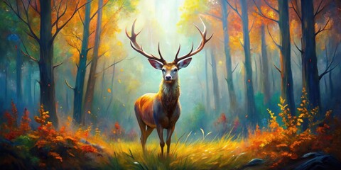 Vivid abstract oil painting of a deer with antlers in a forest, deer, antlers, forest, abstract, oil painting