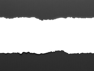 Charred and frayed black paper against a pure white surface, damaged fiber, frayed paper