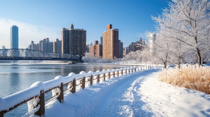 Snow-covered riverfront in the city, with snowy bridges and tall buildings along the waterfront