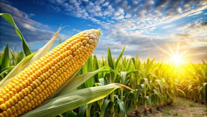 Corn on the cob in a sunny field , agriculture, fresh, summer, organic, farm, food, harvest, golden, countryside, rural