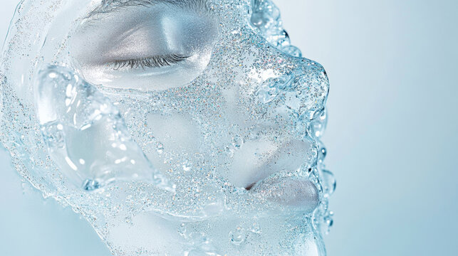 3D hydrogel ice glitter mask on woman face fashion shiny futuristic elegant background. poster for skin care applying procedure cosmetology cosmetic beauty spa salon relaxing blue white silver poster
