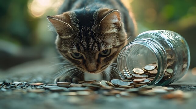 A playful cat tipping over a jar filled with coins, spilling them onto the ground
