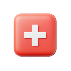 Fototapeta premium Red square icon with white cross symbol on transparent background