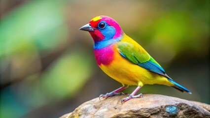 Closeup of a vibrant yellow bird with pink and blue plumage perched on a rock , Bird, Yellow, Pink, Blue, Plumage, Vibrant