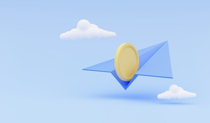 Paper airplane with gold coins inside, concept of money transfer, transaction, online banking and payments, 3d illustration