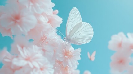 Fototapeta premium A delicate butterfly dances above vibrant flowers, showcasing natures beauty and grace in a vivid display of colors and life.