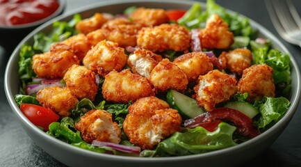 Fototapeta premium Crispy chicken nuggets on a fresh salad with lettuce, tomatoes, cucumbers, and red onions.