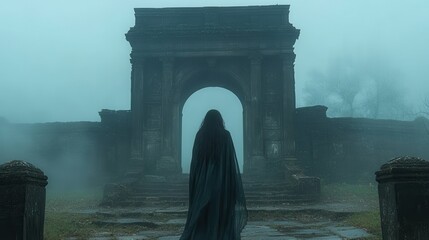 Mysterious Figure in Cloak Approaching Ancient Archway in Foggy Landscape, Evoking Atmosphere of Mystery and Intrigue in an Enigmatic Setting