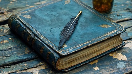 Ancient leather-bound book rests on a weathered wooden surface