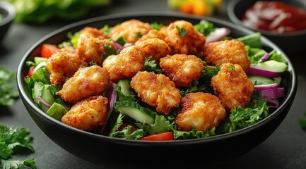 Crispy chicken nuggets salad in a black bowl with fresh vegetables.