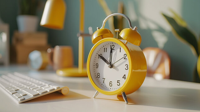 Bright yellow alarm clock on a clean, organized desk with warm lighting