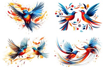 Fototapeta premium bird, animal, nature, flying, wildlife, illustration, wing, design, vector, feather, silhouette, beak, colourful, flight, horizontal, no people, art, black, blue, sky, tree branch, beautiful, freedom,