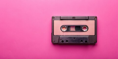 Fototapeta premium Retro audio cassette tape on pink background, symbolizing vintage music technology, retro,audio cassette, tape