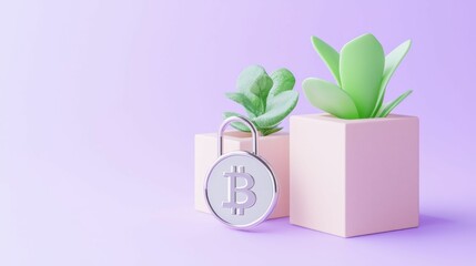 privacy anonymity trust concept, A silver Bitcoin surrounded by green plants in pastel-colored pots against a purple background, symbolizing growth and security in cryptocurrency.