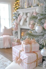A festive array of colorful Christmas presents elegantly stacked on a chair, set against the backdrop of a beautifully adorned Christmas tree.