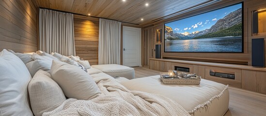 A cozy home theater with a large screen showing a mountain lake scene and comfortable white couches.