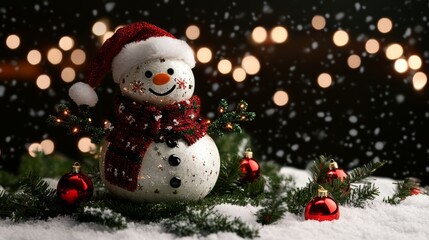 A cheerful snowman stands proudly amid a blanket of glistening snow, adorned with a colorful scarf and a carrot nose, embodying winters playful spirit.