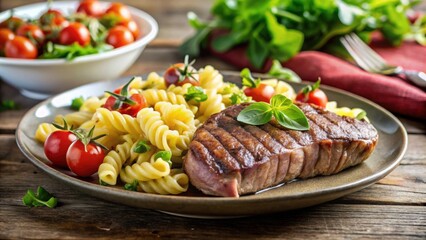 Grilled steak, fresh salad, and pasta on a plate with a focus on healthy and delicious meal , Grilled, steak, salad, pasta