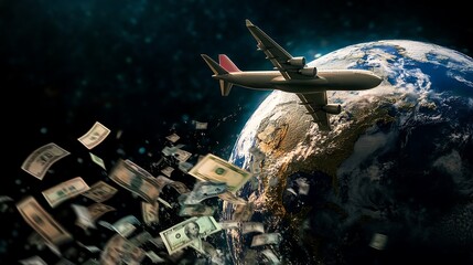 A globe with an airplane flying over it, leaving a trail of banknotes in its wake