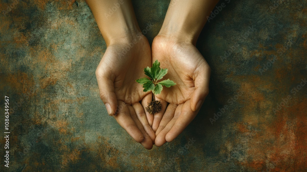Poster two hands support a tiny seedling with delicate leaves, showcasing growth and care in a serene, eart