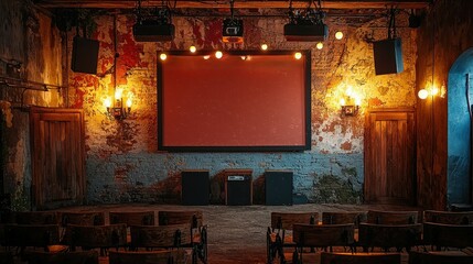 Vintage Movie Theater Interior with a Blank Screen, Exposed Brick Wall, Wooden Seats, Decorative...