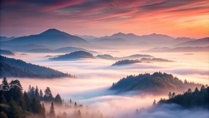 Fototapeta premium Soft pink and gray hues envelop a misty mountain landscape at dawn, morning light, mist, mountain, landscape, dawn, pink hues