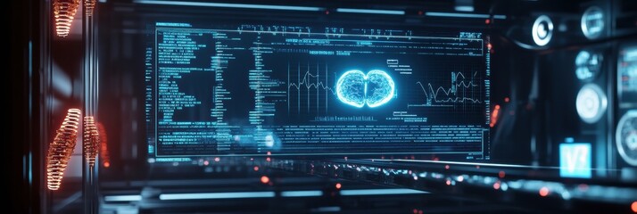 A digital interface showcases intricate DNA analysis and genetic data in a high-tech laboratory filled with monitoring equipment. Generative AI