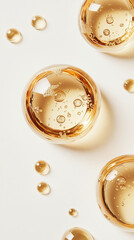 3D abstract bubbles spheres macro delicate cosmetic beauty liquid fashion shimmering gold amber white background. for spa salon skincare product glossy wallpaper