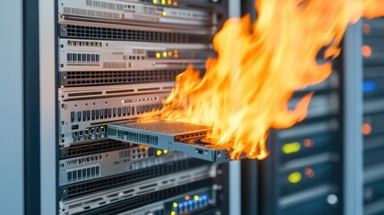 Flames erupting from a server in a data center, showcasing a critical electrical fire and system malfunction.
