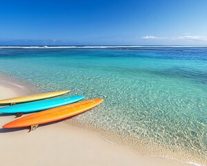 Obraz premium Serene beach scene with crystal-clear waters and colorful surfboards resting on the sand ,