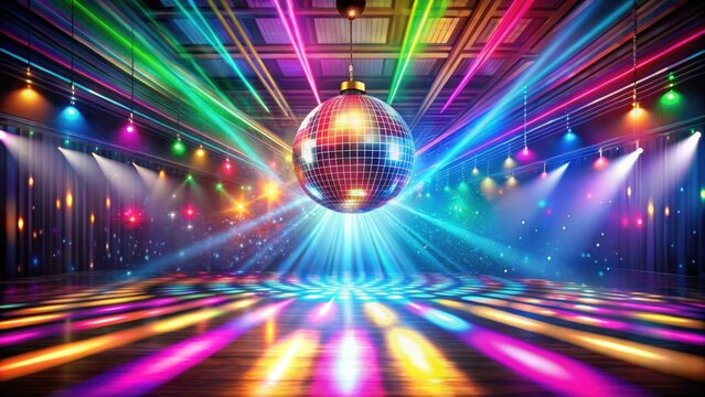 Colorful dance hall with disco ball and light beams, disco ball, colorful, dance hall, party, nightclub, vibrant