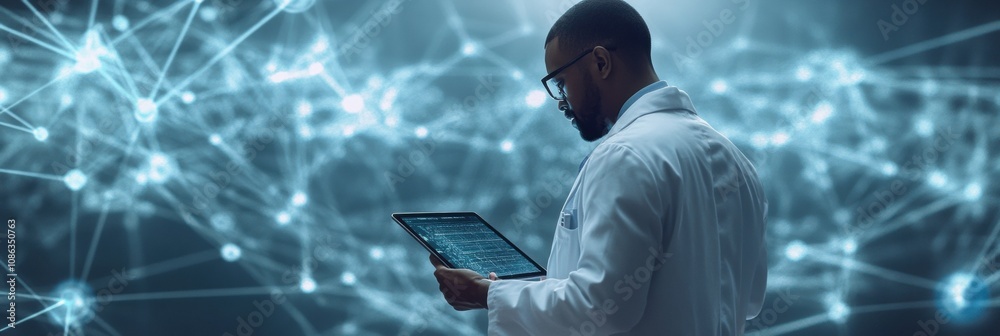 Poster a doctor in a white coat uses a tablet to review important medical information, surrounded by a high