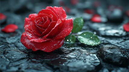 A lone, water-kissed red rose, a symbol of love and beauty, blooms in isolation