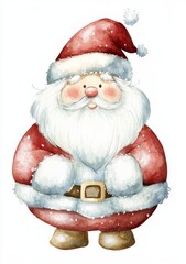 Fototapeta premium A charming watercolor of Santa Claus, cheerfully clutching a bulging bag of gifts, embodying the spirit of joy and holiday magic.