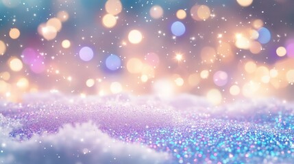 A winter background with iridescent glitter covering the snowy surface, and soft purple and blue bokeh lights glowing in the background. 