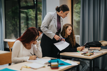 A teacher helps students in a classroom, promoting collaborative learning. The setting is educational, focusing on study and knowledge sharing, depicting a supportive and engaging learning environment